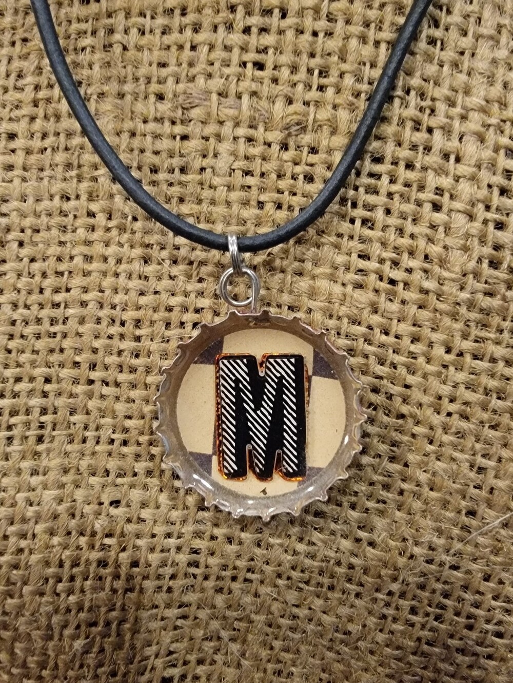 Monogram 'M' Halloween Black Checkered Bottle Cap Pendant Necklace